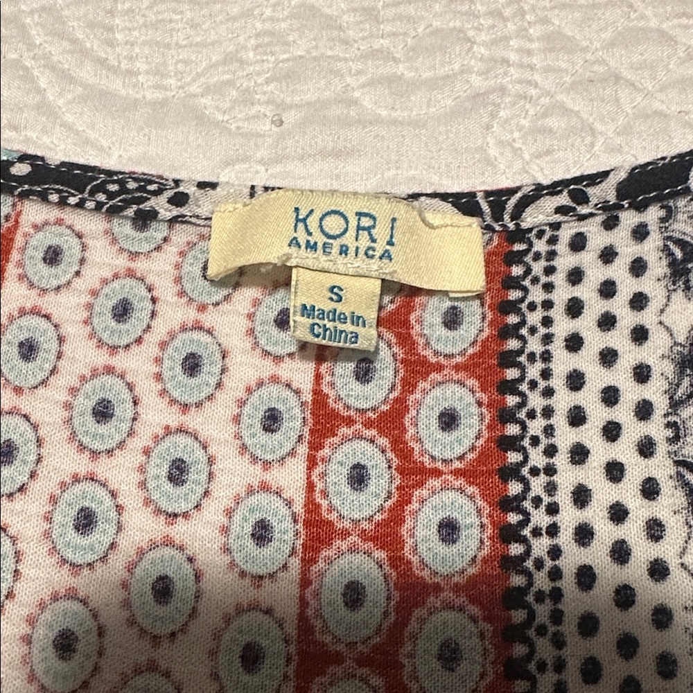 Kori America Multi-colored Mixed Media Print Swing Dress Lace Sleeves Sz S - Picture 4 of 6